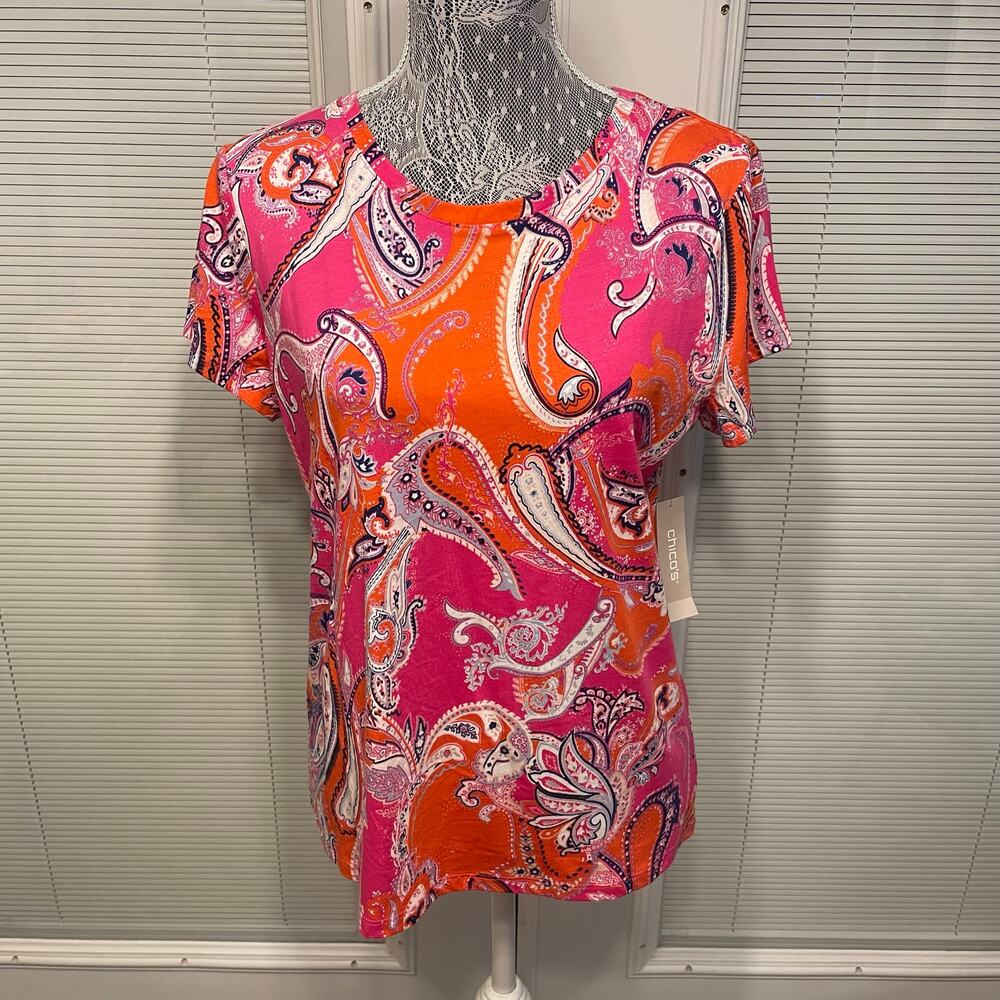 NWT $45 Chicos Chico’s Paisley Knit Top Essential Tee T-shirt Orange Pink 1/M